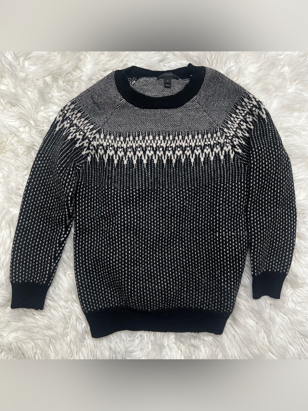 J. Crew Black and White Patterned Crewneck Sweater